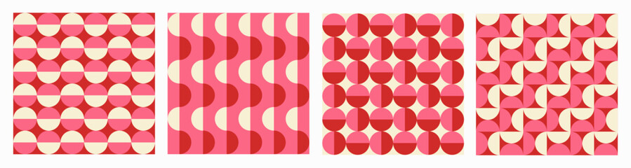 Trendy retro set geometric seamless patterns with colorful semicircles and circles. Modern abstract background. Red, beige and pink colors. Vector illustration