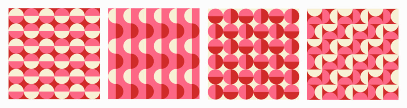 Fototapeta Trendy retro set geometric seamless patterns with colorful semicircles and circles. Modern abstract background. Red, beige and pink colors. Vector illustration