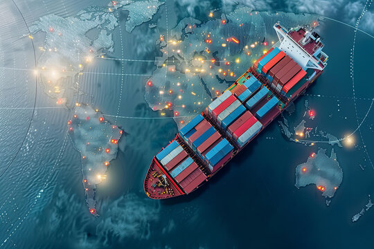 AI and global logistics concept with world map, supply chain network, and container ship for import-export