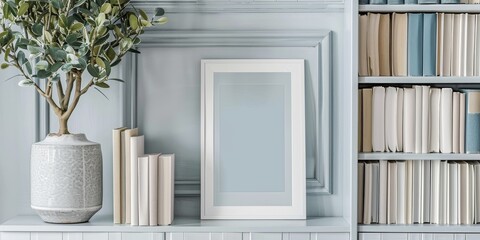 White frame display on a bookshelf, holding a motivational poster, adding a touch of inspiration to the reading nook