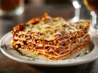 Close-up of a delicious lasagna slice on a white plate with a blurred background.