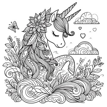 A black and white drawing of a unicorn coloring page design colours drawing graphic eyecatching highquality unique.