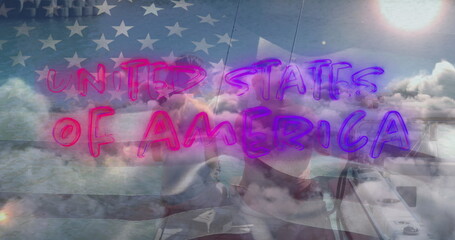 Independence text and waving american flag over couple fishing sitting on their boat against clouds