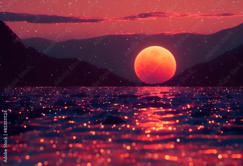 Sticker AI generated illustration of a stunning view of a red moon rising over a calm sea