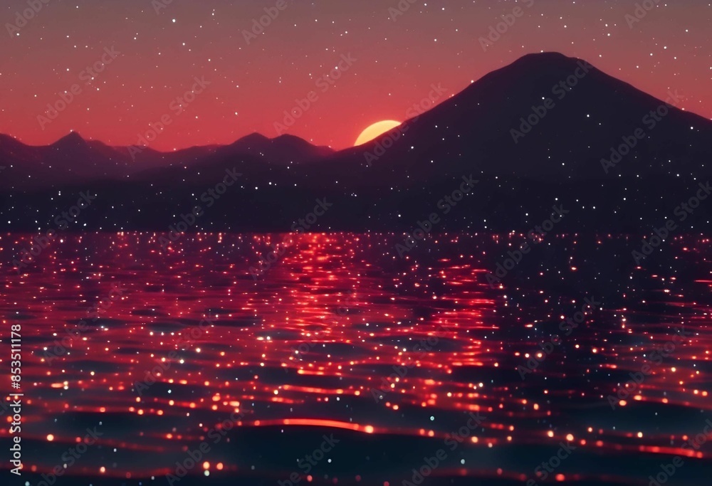 Sticker AI generated illustration of a stunning view of a red moon rising over a calm sea