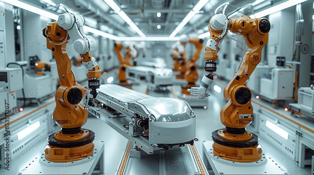 Poster the robotic arms working on an electric vehicle production line in the factory, with high-tech equip