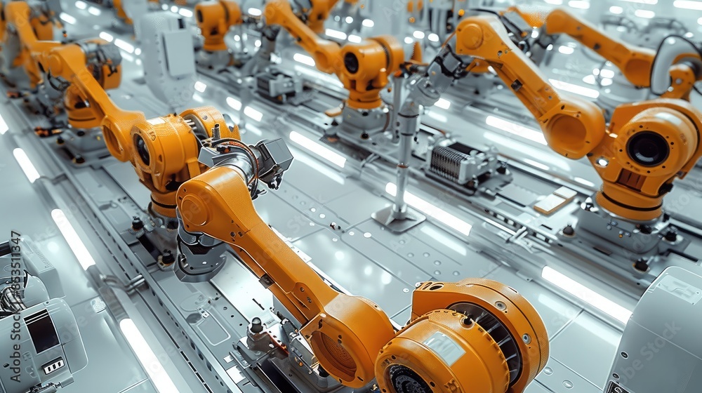 Poster The robotic arms working on an electric vehicle production line in the factory, with high-tech equipment and white walls surrounding them. Generative AI.