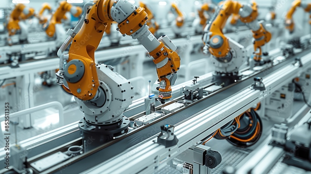 Poster the robotic arms working on an electric vehicle production line in the factory, with high-tech equip