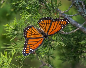 close-up of a vibrant orange butterfly perched on green foliage in a natural setting