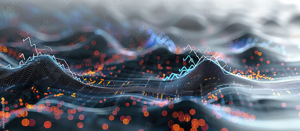 Poster An intricate scatter chart highlighting a significant positive correlation between rising stock prices and increasing trade volumes, reflecting market interest. Generative AI.