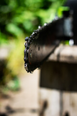 Color vertical close-up photo of an electric chainsaw chain, a hand tool while working in the garden on a sunny summer day with a blurred background.  Side view of the object.