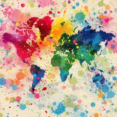 Naklejka premium Artistic splatter paint world map, with vibrant splashes representing continents, Abstract, Bright colors, Digital art, Creative and dynamic.