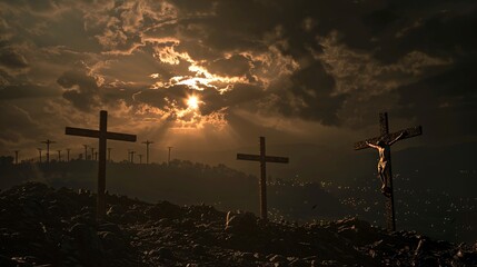 Obraz premium Crucifixion scene at dusk with dramatic sky and three crosses