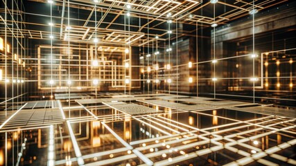 A futuristic neon grid with glowing lines and a dark background.