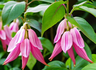 Fucshia flowers are pink and grow abundantly with green leaves.