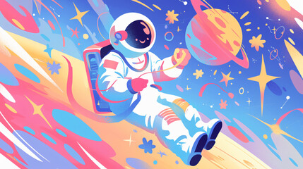 Astronaut with a planet in space for illustration, space, and cartoon