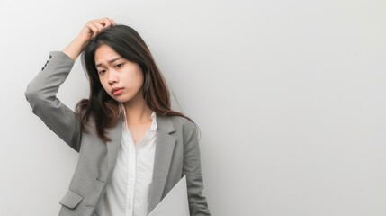 Boring young business Asian woman holding document file on white background