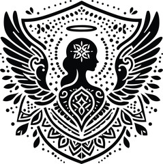 female angel in silhouete with bohemian nature pattern illustration