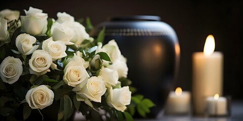 White Roses and Black Cremation Urn Adorned with Burning Candles. Concept Funeral arrangement, memorial service, floral tributes