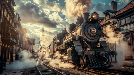 Fototapeta premium Vintage steam train with smoke and sunset with copy space text for design, transportation, and history