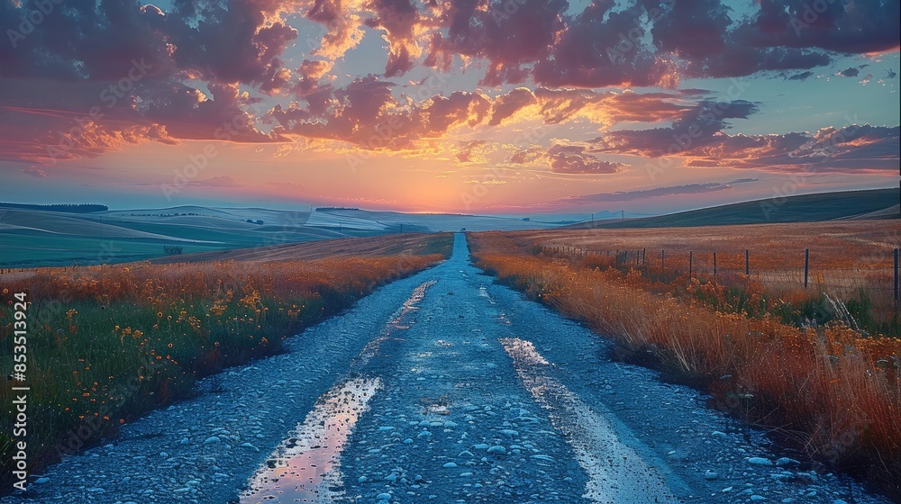 Aufkleber a path into the distance at twilight. the road beckons. generative ai.