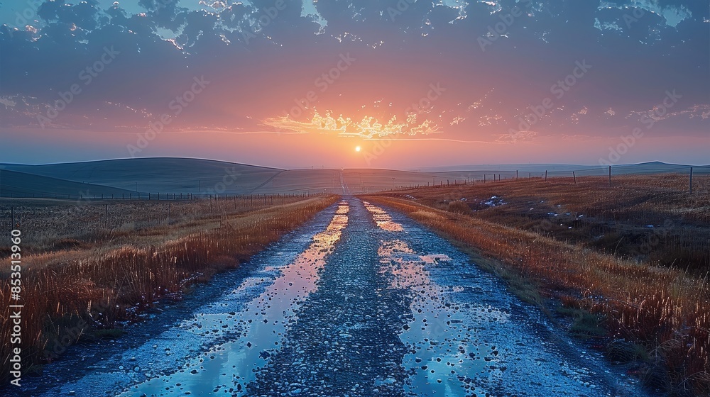 Poster a path into the distance at twilight. the road beckons. generative ai.