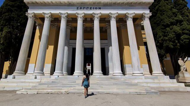Slow motion follow shot of female tourist entering Zappeion Hall in Greece 