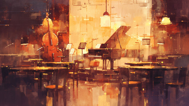 Watercolor painting of a concert hall with piano and cello with copy space text for music, art, and culture