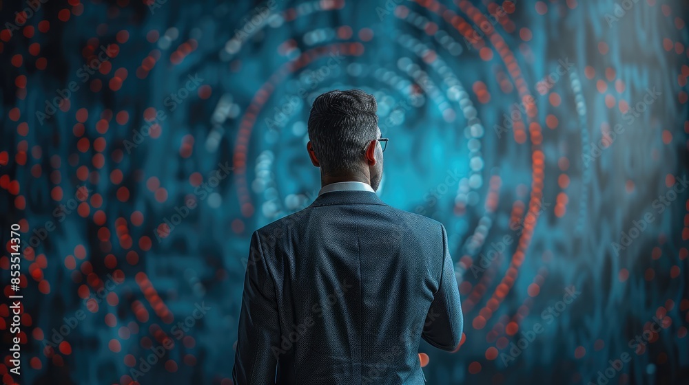 Poster an indian businessman looking at a focus point of the target icon. generative ai.