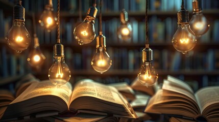 Array of glowing light bulbs suspended above a stack of open books, symbolizing creativity, knowledge, and inspiration