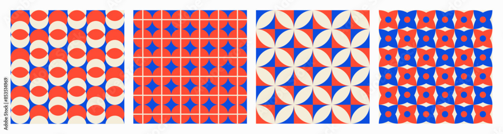 Aufkleber trendy aesthetic retro set geometric seamless patterns. modern abstract background. blue and red col