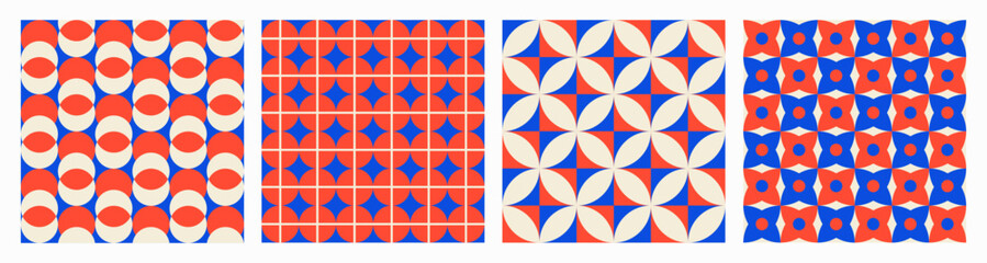 Fototapeta premium Trendy aesthetic retro set geometric seamless patterns. Modern abstract background. Blue and red colors. Vector illustration 
