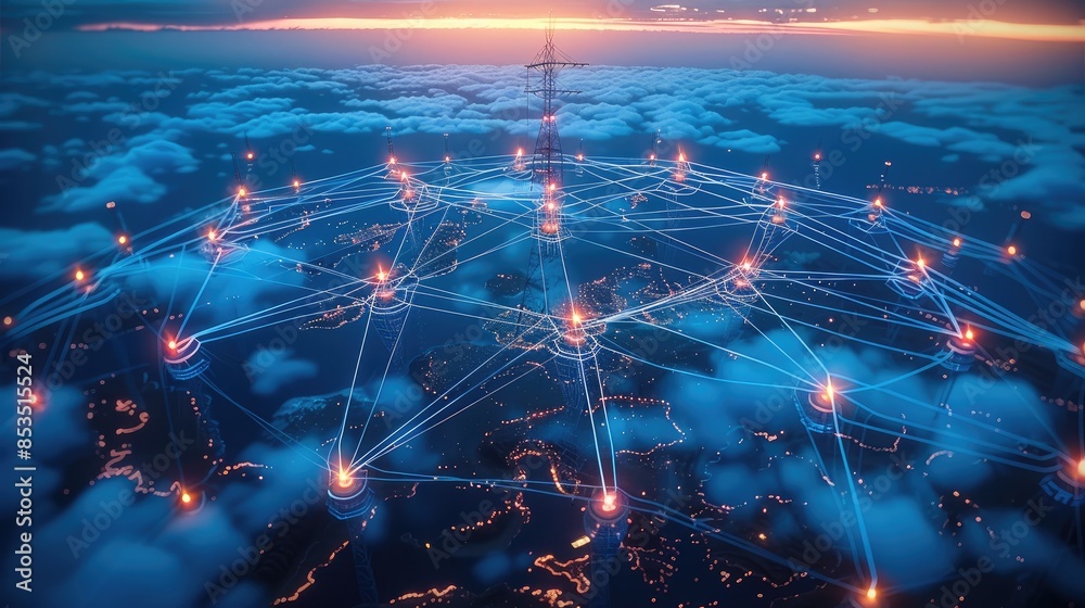 Poster mobile global internet communications. world wide web on phone via wireless satellite network techno