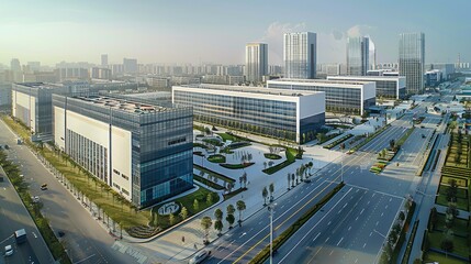 Fototapeta premium The future high tech industrial park, with six modern buildings and green spaces between them, The surrounding area includes commercial buildings such as office towers and glass walls. Generative AI.