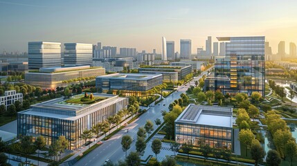 The future high tech industrial park, with six modern buildings and green spaces between them, The surrounding area includes commercial buildings such as office towers and glass walls. Generative AI.