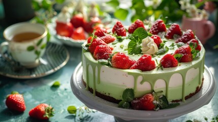 cake with decoration of sweet strawberries on the table. Green tea