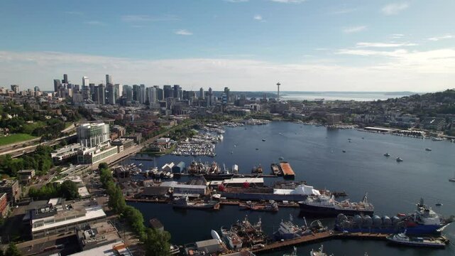 Lake Union and downtown Seattle; pristine aerial view, 4K