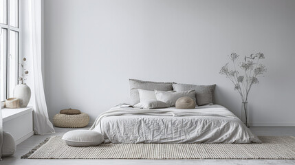 Master bedroom in minimalist style with minimal furniture, natural window lighting and neutral tones. Residential interior design composition, Real Estate ad.