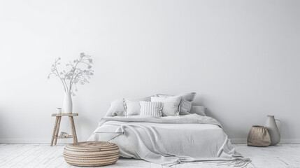 Master bedroom in minimalist style with minimal furniture, natural window lighting and neutral...