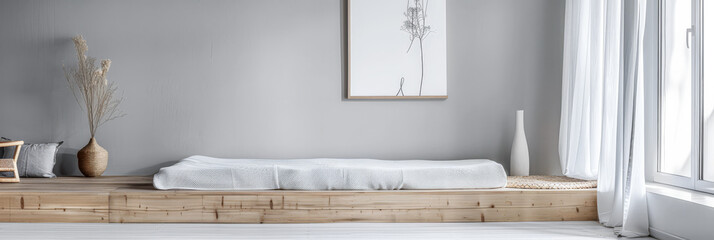 Master bedroom in minimalist style with minimal furniture, natural window lighting and neutral tones. Residential interior design composition, Real Estate ad.