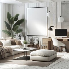 A living room with a mockup poster empty white and with Modern commercial building interior with A large blank white screen frame optimized creative engaging.