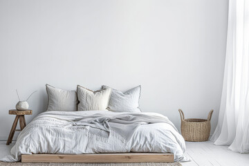 Master bedroom in minimalist style with minimal furniture, natural window lighting and neutral tones. Residential interior design composition, Real Estate ad.