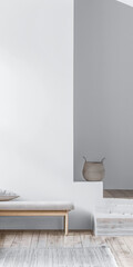 Master bedroom in minimalist style with minimal furniture, natural window lighting and neutral tones. Residential interior design composition, Real Estate ad.