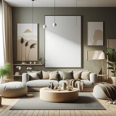 A living room style interior set design with a mockup poster empty white and with a couch and a coffee table Vibrant optimized.
