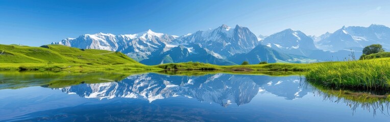 Snow-Capped Mountains Reflecting in Calm Alpine Lake on a Sunny Day