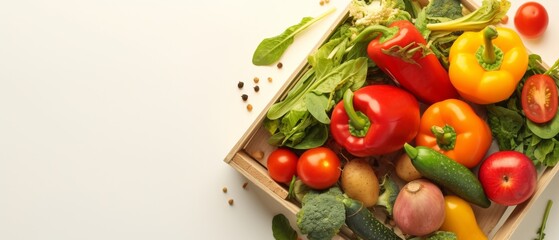 Crate with different fresh vegetables on light background, top view, copt space