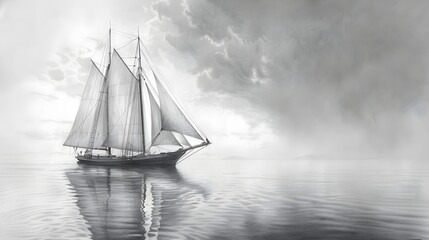 Tranquil Voyage: Pencil Drawing of a Majestic Sail Gliding Through Calm Waters