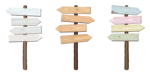 Blank wooden direction sign isolated graphic illustrated. Vintage cut timber signboard on wooden pole for information or advertising message.