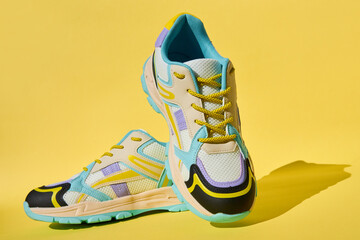 White sneakers with colored accents on yellow background, Pair of fashionable sport shoes. Studio...