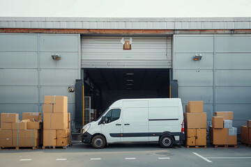 Outside view of logistics warehouse with open door and delivery van loaded with cardboard boxes, representing online order fulfillment